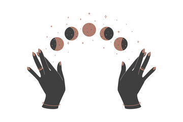 Alchemy esoteric mystical magic celestial talisman with woman hands and moon phases. Esoteric mystical silhouettes for magic witchcraft. Vector illustration