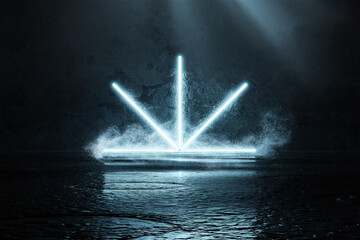 Fototapete - 3d rendering of blue neon line shapes in different directions reflecting the grunge floor