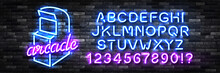 Vector Realistic Isolated Neon Sign Of Arcade With Easy To Change Color Font Alphabet On The Wall Background.