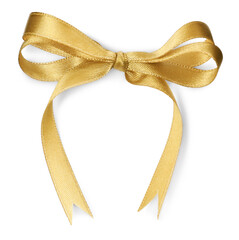 beautiful golden ribbon tied in bow isolated on white, top view