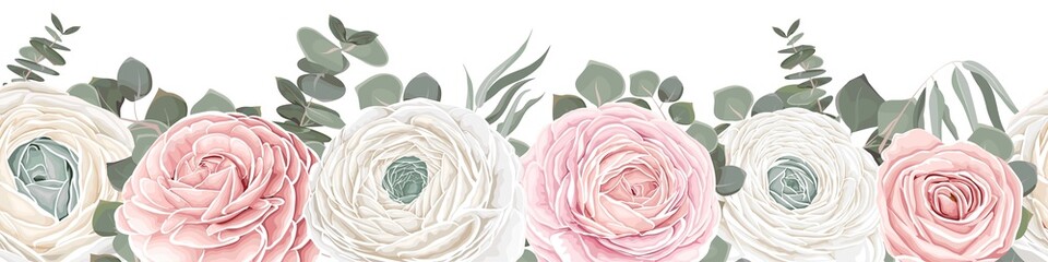 Wall Mural - Seamless vector border. White roses, white roses, eucalyptus, green plants and leaves. Elements for wedding design