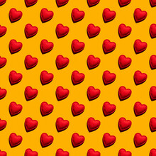 Seamless Pattern Of Red Hearts On A Yellow Background For Valentine's Day