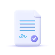 Document Paper. Contract, Agreement, Terms, Conditions,  Assignment Concept. 3d Vector Icon. Cartoon Minimal Style.