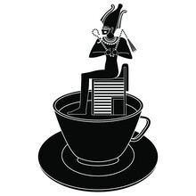 Ancient Egyptian God Osiris Sitting On Throne In A Cup Of Coffee Or Tea. Creative Beverage Concept. Black And White Silhouette.