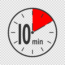Clock Icon With 10 Minute Time Interval. Countdown Timer Or Stopwatch Symbol. Infographic Element For Cooking Or Sport Game Isolated On Transparent Background. Vector Flat Illustration.