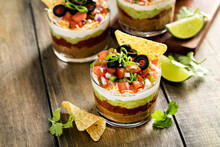 Seven Layer Dip In Individual Cups, Mexican Appetizer