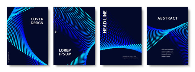 set of geometric backgrounds of wavy colorful dots in blue tones. modern vector illustration without