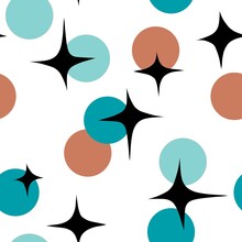 Seamless Hand Drawn Mid Century Modern Pattern In Beige Blue Turquoise Black White Colors. Retro Vintage 50s 60 Atomic Age Mcm Pattern With Abstract Geometric Round Oval Shapes For Textile Wallpaper.