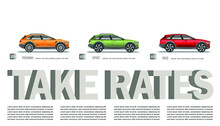 Vector Illustration Of Automotive Take Rates Concept With Colorful Car Models.