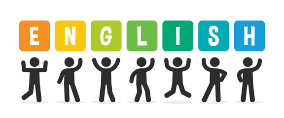 Poster - People holding sign English word on banner. Vector illustration