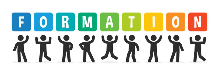 Poster - Formation word banner in colorful design. Crowed of people holding sign with text formation. 