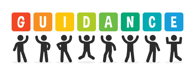 Aufkleber - Banner guidance. People holding up colorful sign with text guidance on banner. Vector illustration