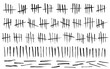 Tally mark. Prison counting lines set, black slash scratches on the wall. Hand drawn crossed out tally marks, jail grunge outline numbers on white background, vector illustration
