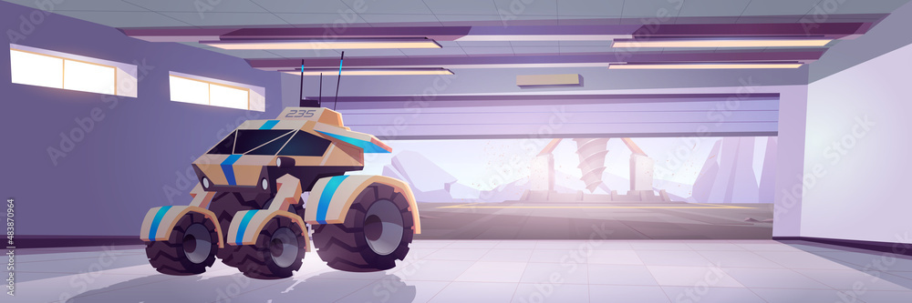 Rover in hangar on alien planet surface with drilling rig. Vector ...