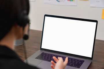 Aufkleber - Business women hand using laptop and type on the keyboard. Mockup screen of advertisement.