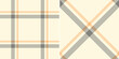 Check plaid pattern in grey, orange, beige. Seamless asymmetric herringbone windowpane set for jacket, coat, skirt, scarf, blanket, other modern spring summer autumn winter fashion textile print.