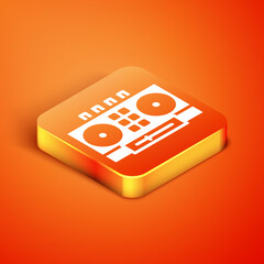 Sticker - Isometric DJ remote for playing and mixing music icon isolated on orange background. DJ mixer complete with vinyl player and remote control. Vector