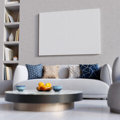 Poster - Modern living room interior with rounded furniture and big canvas mock up on the wall. Shallow depth of field. 3D render. 3D illustration.