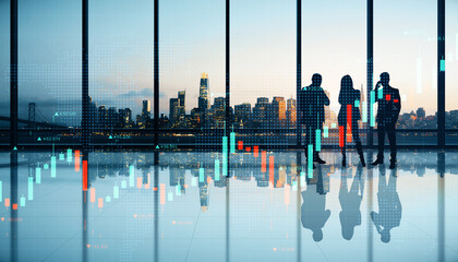 Canvas Print - Businessmen and women working together in modern bright office interior with glowing forex chart, panoramic windows with city view and reflections on floor.