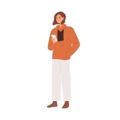 Poster - Young woman holding mobile phone. Person with smartphone in hand. Female standing and surfing internet, using cellphone. Human and telephone. Flat vector illustration isolated on white background