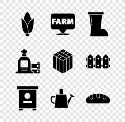 Sticker - Set Corn, Location farm, Waterproof rubber boot, Hive for bees, Watering can, Bread loaf, Full sack and wooden box and Bale hay icon. Vector