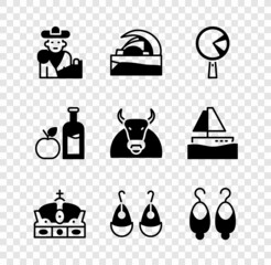 Sticker - Set Bullfight, matador, Concert hall de Tenerife, Omelette in frying pan, Crown of spain, Earrings, Apple cider bottle and icon. Vector