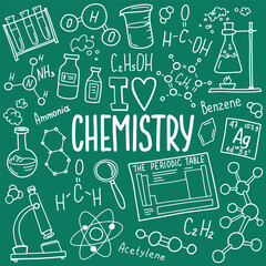 Wall Mural - Chemistry symbols icon set. Science subject doodle design. Education and study concept. Back to school sketchy background for notebook, not pad, sketchbook. Hand drawn illustration.