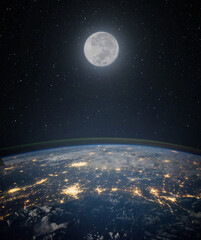Wall Mural - full moon. and planet earth against the background of the starry night sky. space background with ea
