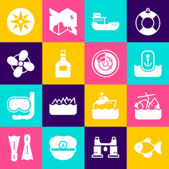 Poster - Set Fish, Sinking cruise ship, Location with anchor, Cargo, Rum bottle, Boat propeller, Wind rose and Radar targets icon. Vector