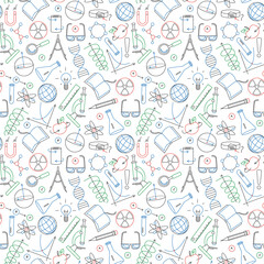 Wall Mural - Seamless pattern on the theme of science and inventions, diagrams, charts, and equipment, simple contour icons drawn with colored markers on white background