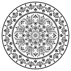 Wall Mural - Scandinavian floral mandala vector embroidery folk art style - Nordic outline round pattern with flowers and leaves in black on white
