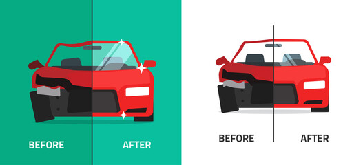 Car before crash damage and after repairing vector flat cartoon, broken automobile accident collision and auto repaired illustration, maintenance service banner