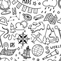 Wall Mural - Geography or travel doodle seamless background. School subject pattern. Study, science concept in cartoon style.. Back to school background. Hand drawn vector illustration.