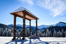 A Winter Landscape Of Wooden Shed In The Mountains During Daytime