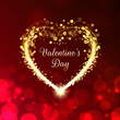 Happy valentines day romantic greeting card. Golden heart. Holiday banner. Bokeh valentine background. Gold particle frame. Sparkling heart copy space for text on red background. Vector illustration