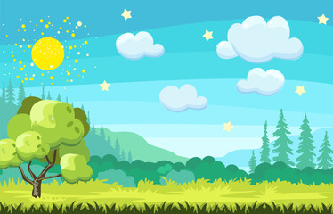 children's background, game, landscape, cartoon, nature, vector, tree, forest, glade, sky, clouds, sun, grass, mountains, summer, greenery, background