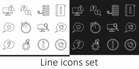 Poster - set line phone call, speech bubble with phone, server, stopwatch, angry smile, monitor exclamation m