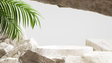 Stone Podium With Tropical Plant On Summer Concept For Product Display.