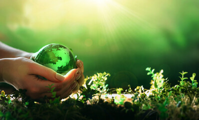 Environment day, save clean planet, ecology concept. Earth Day.Hand holding crystal earth globe.Renewable energy-based green businesses can limit climate change and global warming.