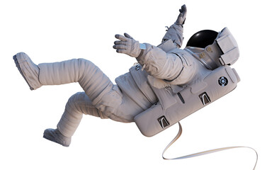 Wall Mural - astronaut with safety tether flying in outer space, isolated on white background