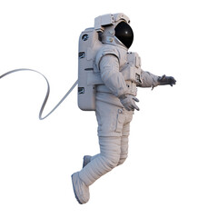 Wall Mural - astronaut with safety tether flying in outer space, isolated on white background