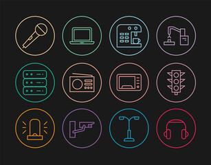 Sticker - Set line Headphones, Traffic light, Coffee machine, Radio, Server, Data, Web Hosting, Microphone, Microwave oven and Laptop icon. Vector