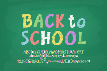 Leinwandbilder - Bright banner Back to School, chalk letters on green chalkboard. Hand-drawn English font set for cartoon kids design
