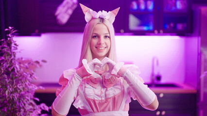 Poster - Cute girly pink maid with pointy ears show love sign with hands