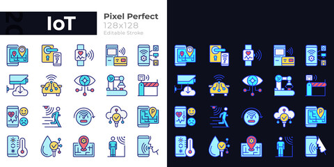 IoT pixel perfect light and dark theme color icons set. Wifi regulation. Internet of Things. Simple filled line drawings. Bright cliparts on white and black. Editable stroke. Quicksand-Light font used