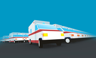 Emergency ambulances in the row, ambulances in line, ambulances traffic, Covid19. Design template about medicine and the overload of healthcare system during the epidemic