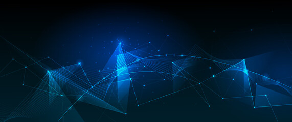 Vector molecule, Network Connected lines with dots, technology on blue background. Abstract internet network connection design for web site. Digital data, communication, science and futuristic concept