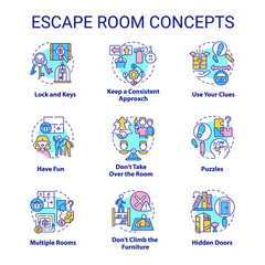 Poster - Escape room concept icons set. Puzzle-solving adventure idea thin line color illustrations. Lock and keys. Use clues. Isolated symbols. Editable stroke. Roboto-Medium, Myriad Pro-Bold fonts used