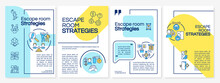 Escape Room Winning Strategies Blue And Yellow Brochure Template. Solve Riddles. Leaflet Design With Linear Icons. 4 Vector Layouts For Presentation, Annual Reports. Questrial, Lato-Regular Fonts Used