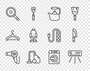 Poster - Set line Hair dryer, Air conditioner, Kettle with handle, Vacuum cleaner, Frying pan, Office chair, Washer and Knife icon. Vector